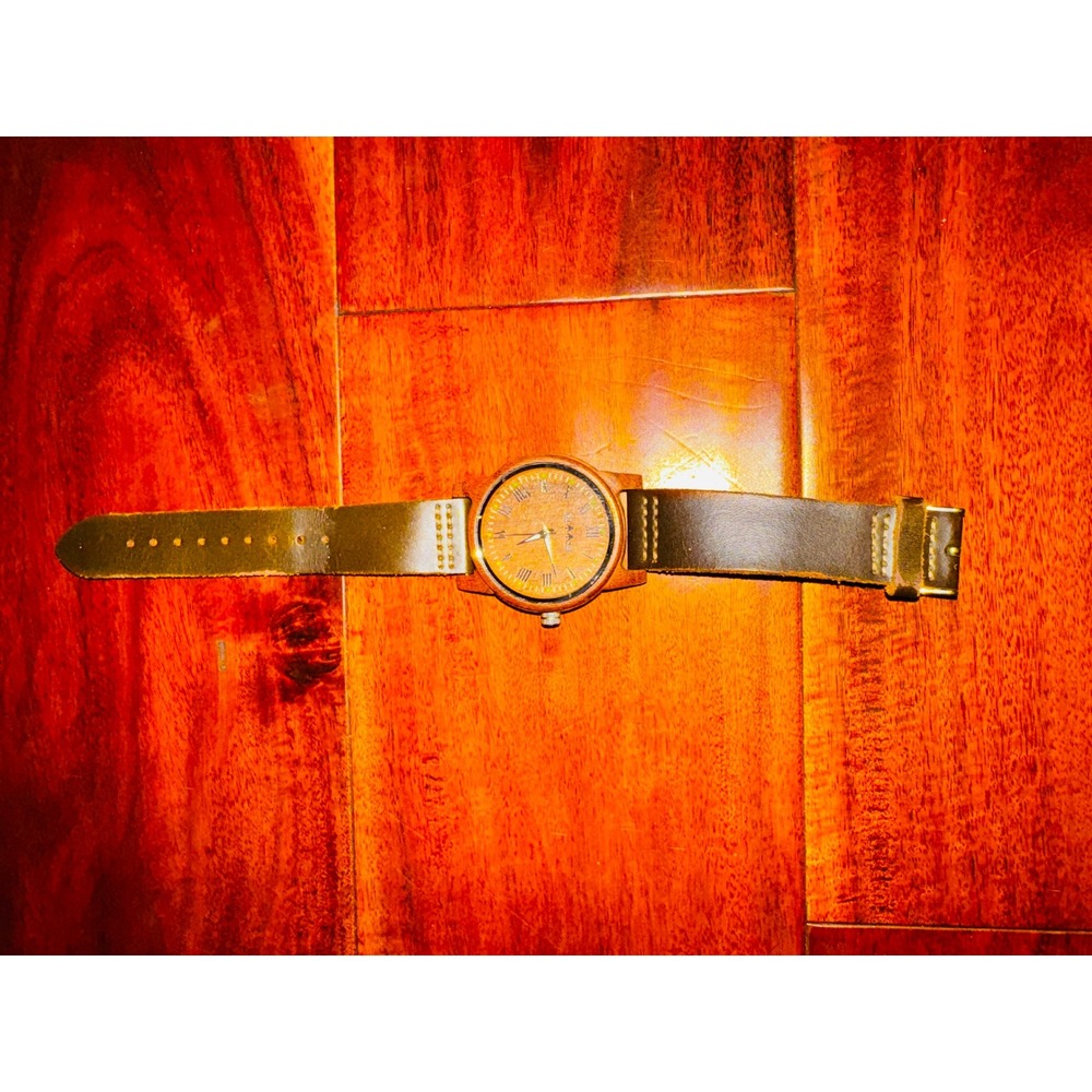 GiamSR Wood Watch Mens OS Brown Excellent Leather Strap Roman Numeral Analog